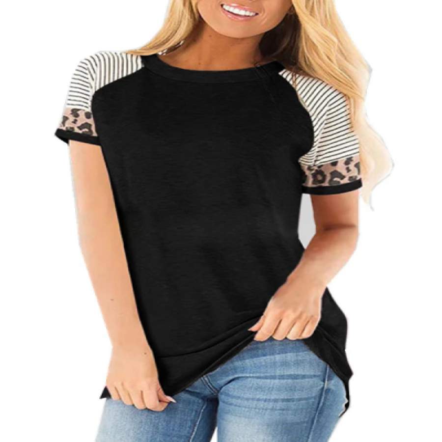 Women cheap leopard stripe round neck short sleeve T-shirt