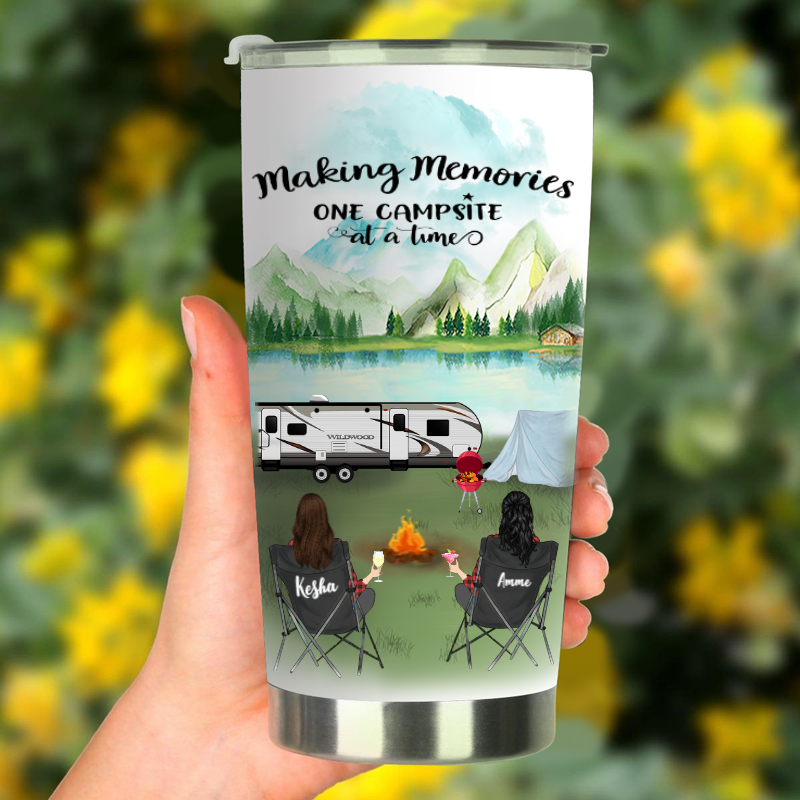 Custom Camping Tumbler – Personalized Gift For Same Sex Couple – 2 Women Camping Tumbler – Making Memories One Campsite At A Time