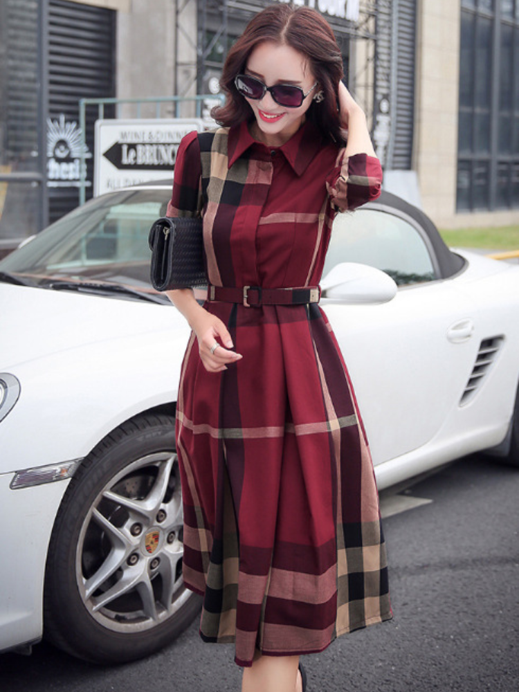 Women’s Autumn New A- line Large Hem Plaid Printed Long-Sleeved Dress (Send Belt) alx