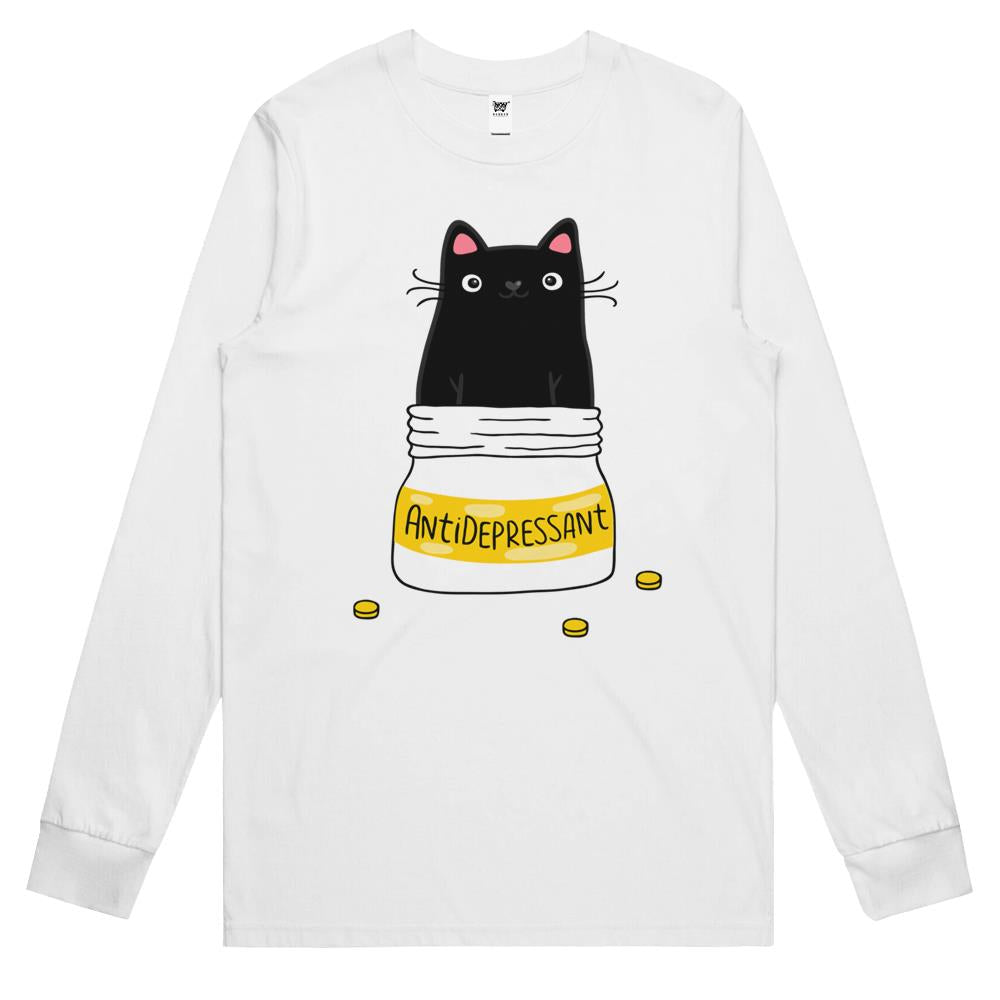 Fur Antidepressant . Cute Black Cat Illustration. A Gift For A Pet Lover. Long Sleeve T Shirts