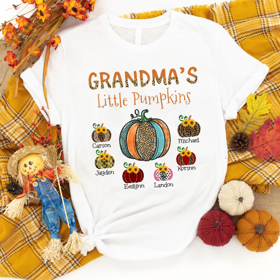 Personalized Grandma’S Little Pumpkins With Grandkids Autumn Shirt, Leopard Pumpkin Autumn Fall Shirt, Gift For Mothers And Grandmothers