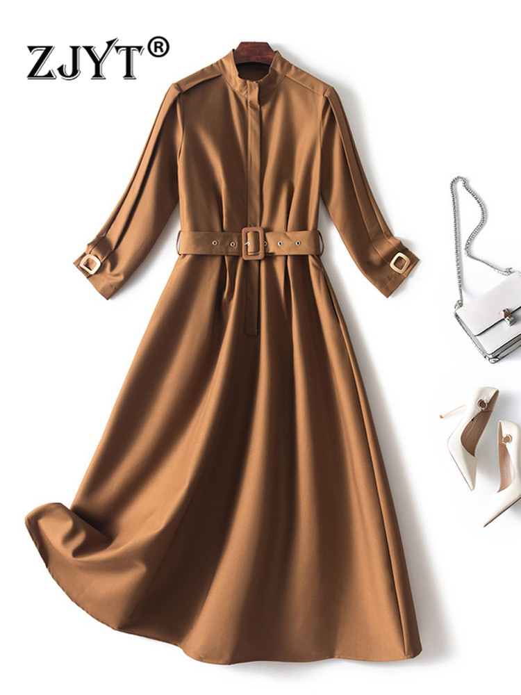 ZJYT Fashion Autumn Dress Long Sleeves Women 2022 New Designer Stand Collar Solid Midi Casual Vestidos Elegant Office Robe Khaki alx