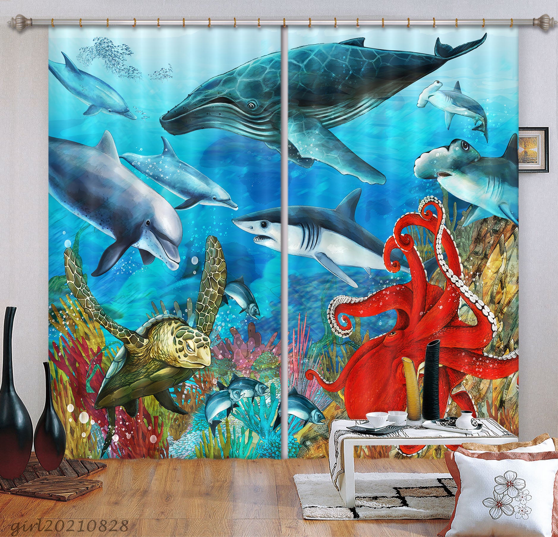 3D Underwater World Shark Octopus Curtains And Drapes Lqh 111