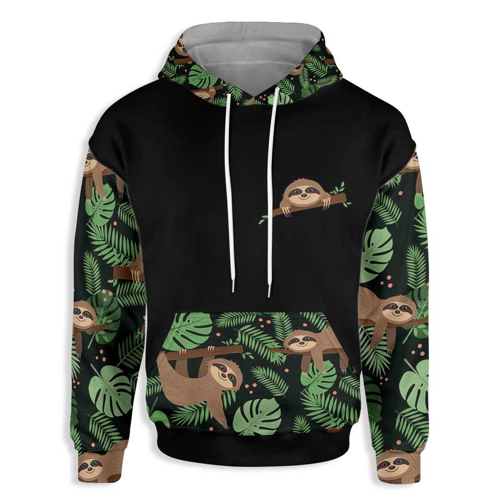 Sloth Tropical Leaves All Over Print Hoodie, Tropical Themed Sloth Hoodie For Adults, Hoodie For Animal Lovers