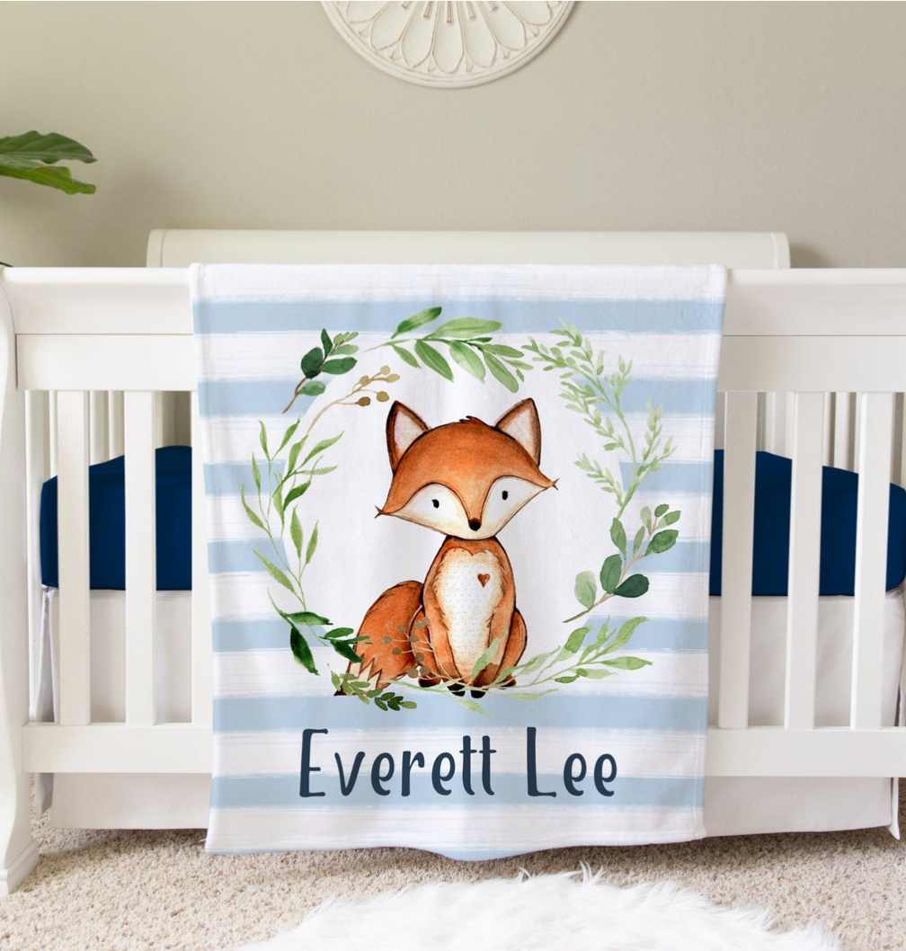 Woodland Fox Baby Blanket Gift, Personalized Baby Blanket Gift, Toddler Blanket, Baby Shower Gift