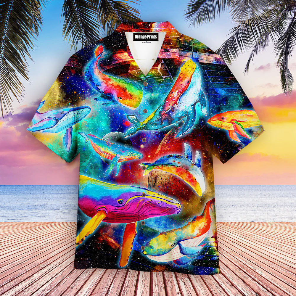 Colorful Whales Dancing In The Galaxy Neon Hawaiian Shirt | For Men & Women | Hw1334