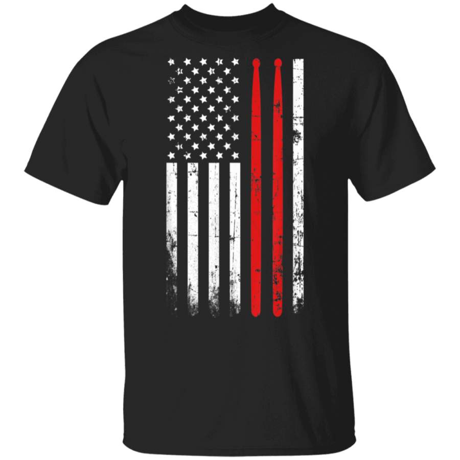 Drum sticks on a vintage American flag Tshirt for Drummers father’s day t shirts