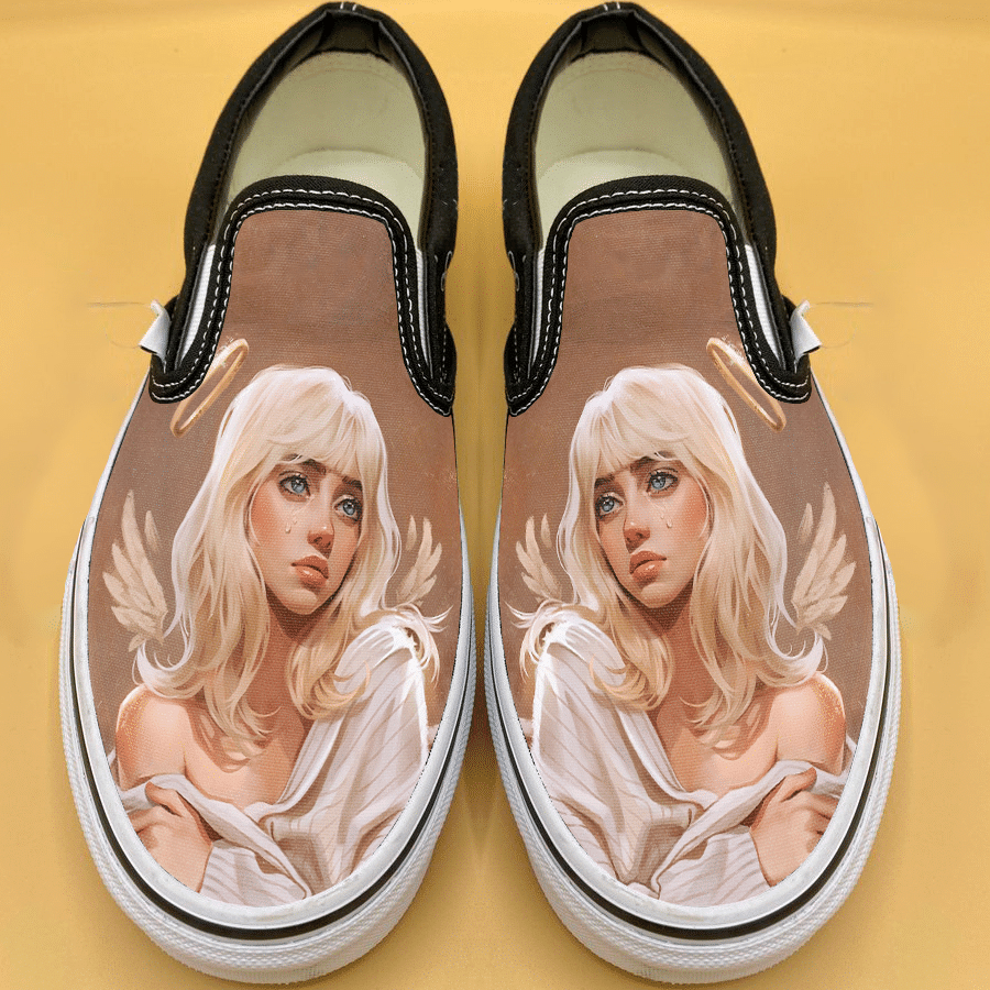 Billie Eilish Singer Rapper Happier Than Ever Album Angel Fan Art Art Gift For Lovers Custom Shoes Slip On Shoes