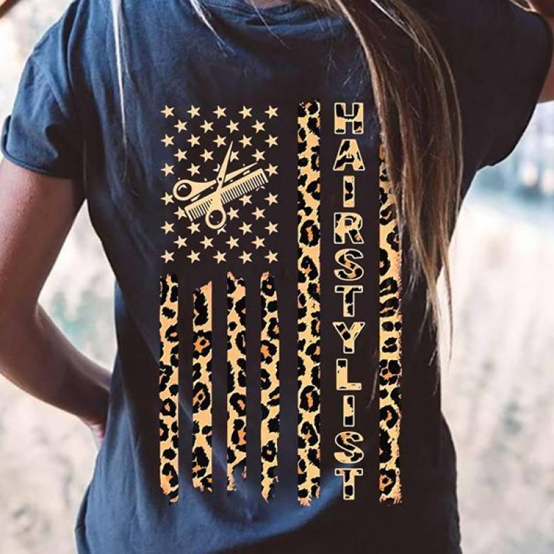 Hairdresser Hairstylist Leopard American Flag Ladies T-Shirt