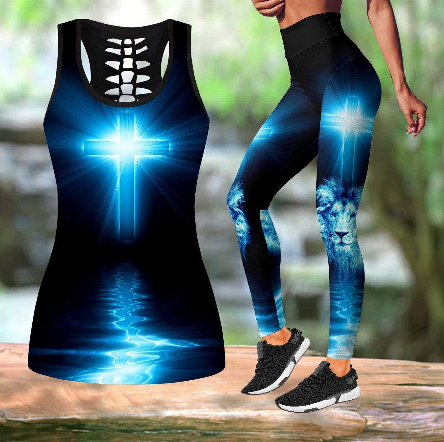 Easter Jesus Cross Lion Combo Leggings And Hollow Tank Top HL