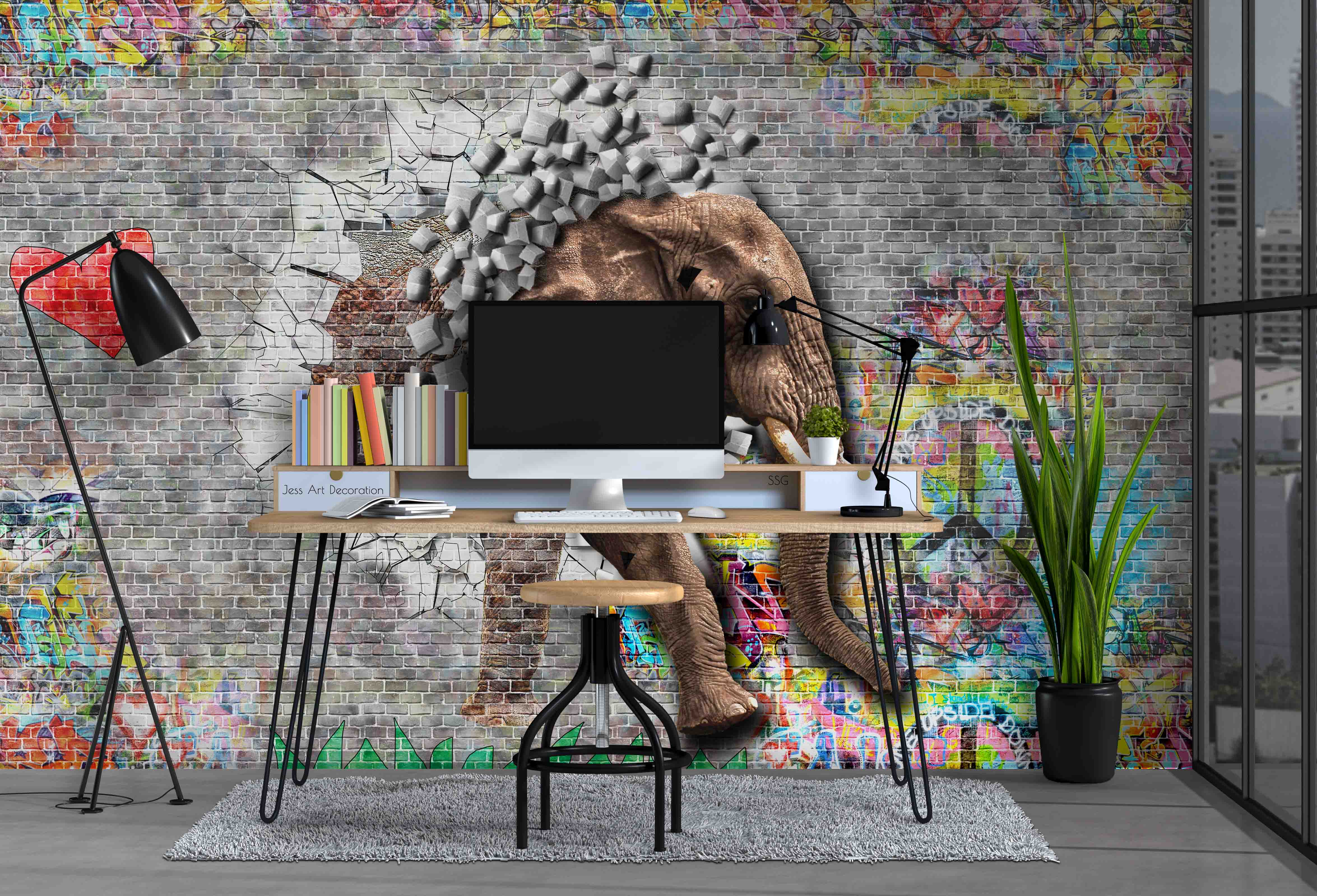 3D Brick Elephant Graffiti Wall Mural Wallpaper Sww 99