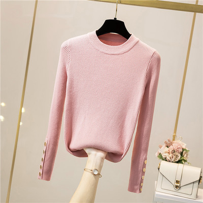 casual autumn winter women thick sweater pullovers long sleeve button o-neck chic Sweater Female Slim knit top soft jumper tops alx