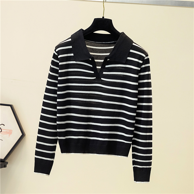 Striped v-neck pullover polo sweater women’s early autumn all-match tops long-sleeved knitted bottoming sweaters jumpers alx