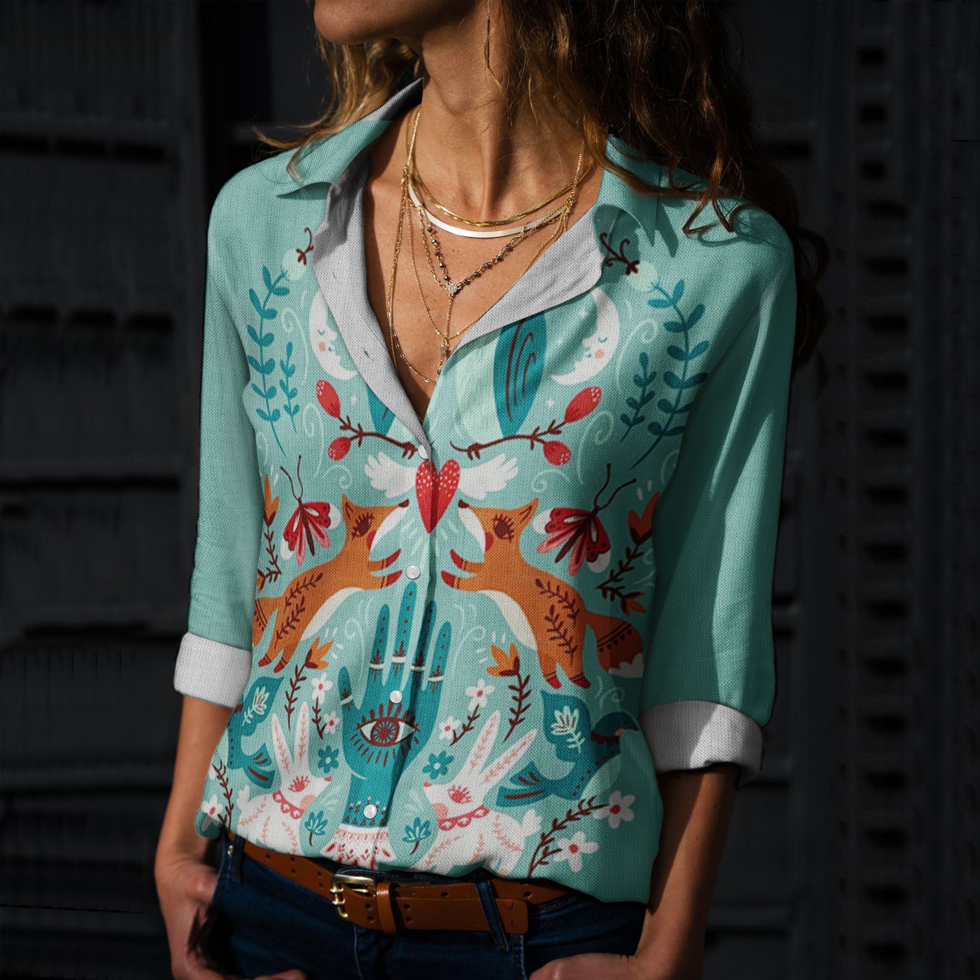 Couple Folk Cotton And Linen Casual Shirt, Folk Art Fortune Linen Shirt