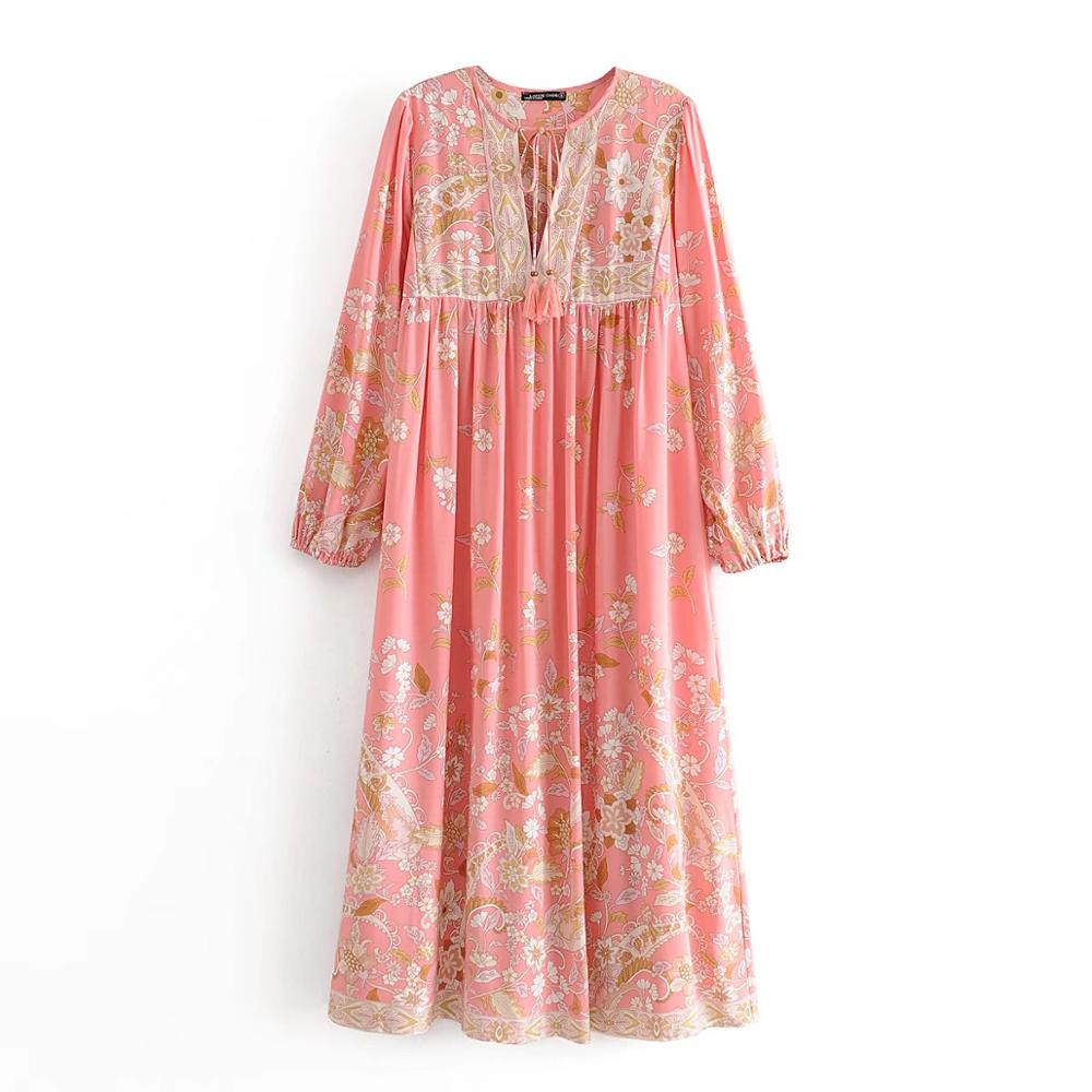 BOHO Lacing up V neck Location Pteris flower Print Long Dress Pink Ethnic WomanTassel Strappy Long Sleeve Holiday Dresses Beach alx