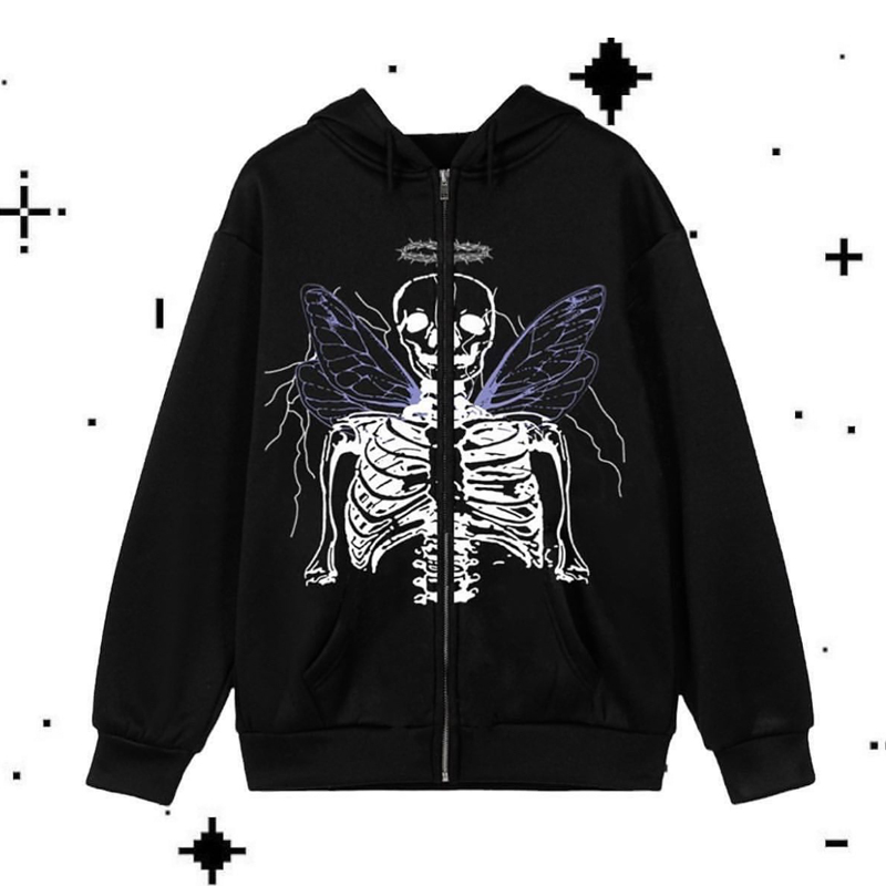 2022 Angel Butterfly Print Black Zip Sweatshirt Street Hip Hop Hoodie Y2K Ladies Jacket Sweater Oversized Top Coat alx