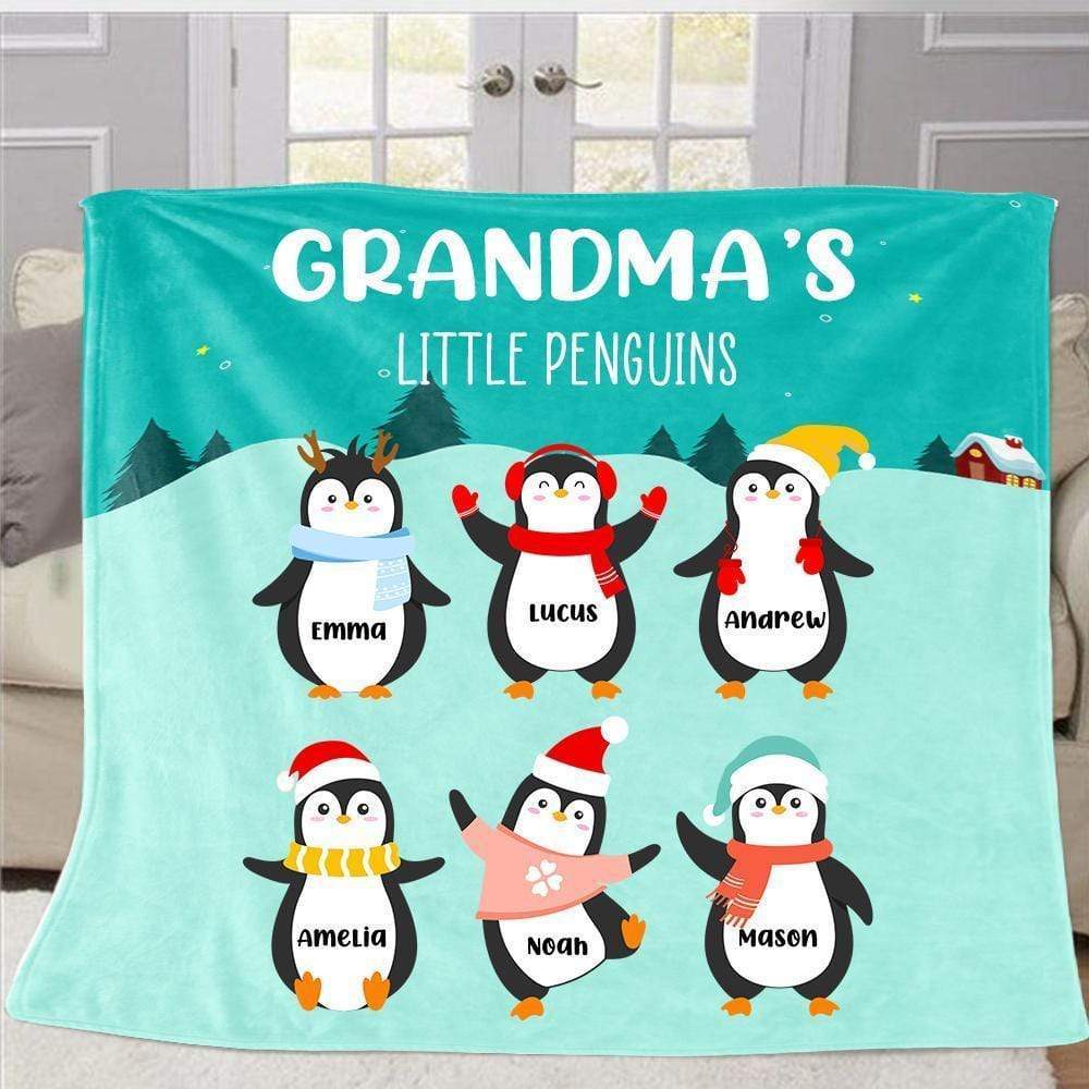 Personalized Penguins Christmas Fleece Blanket with Children’s Names #L