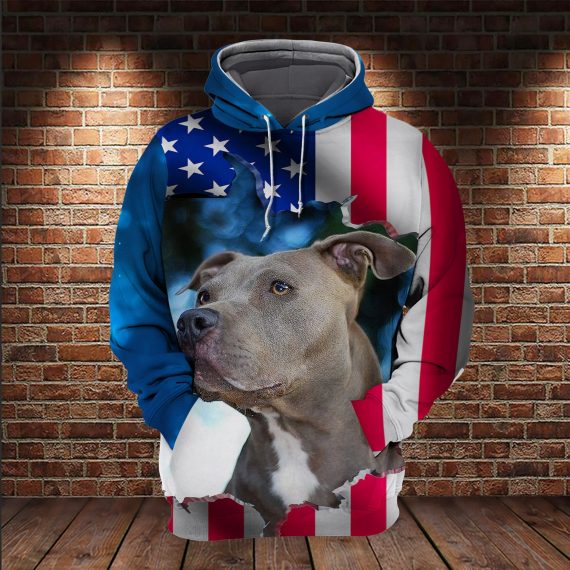 Pitbull American Flag All Over Printed For Dog Lovers Us Unisex Size Hoodie