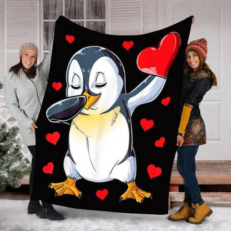 Custom Blanket Dabbing Penguin Heart Valentines Day Blanket – Perfect Gift For Valentine – Fleece Blanket