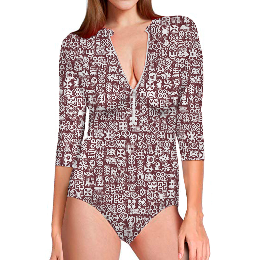 Red African Adinkra Tribe Symbols Long Sleeve One Piece Swimsuit