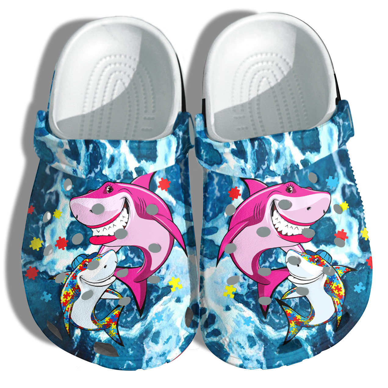 Autism Shark Mom And Shark Baby Beach Crocs Shoes – Autism Awareness Shark Ocean Blue Shoes Croc Clogs Gifts Mother Day – Cr-Ne0033