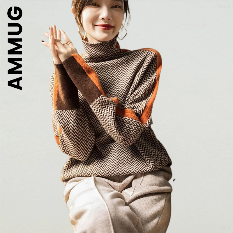 Ammug Knitted Fashion Women Sweater Turtleneck Vintage Harajuku Sweaters Ladies Warm Casual Top Women Jumper Simple Female alx