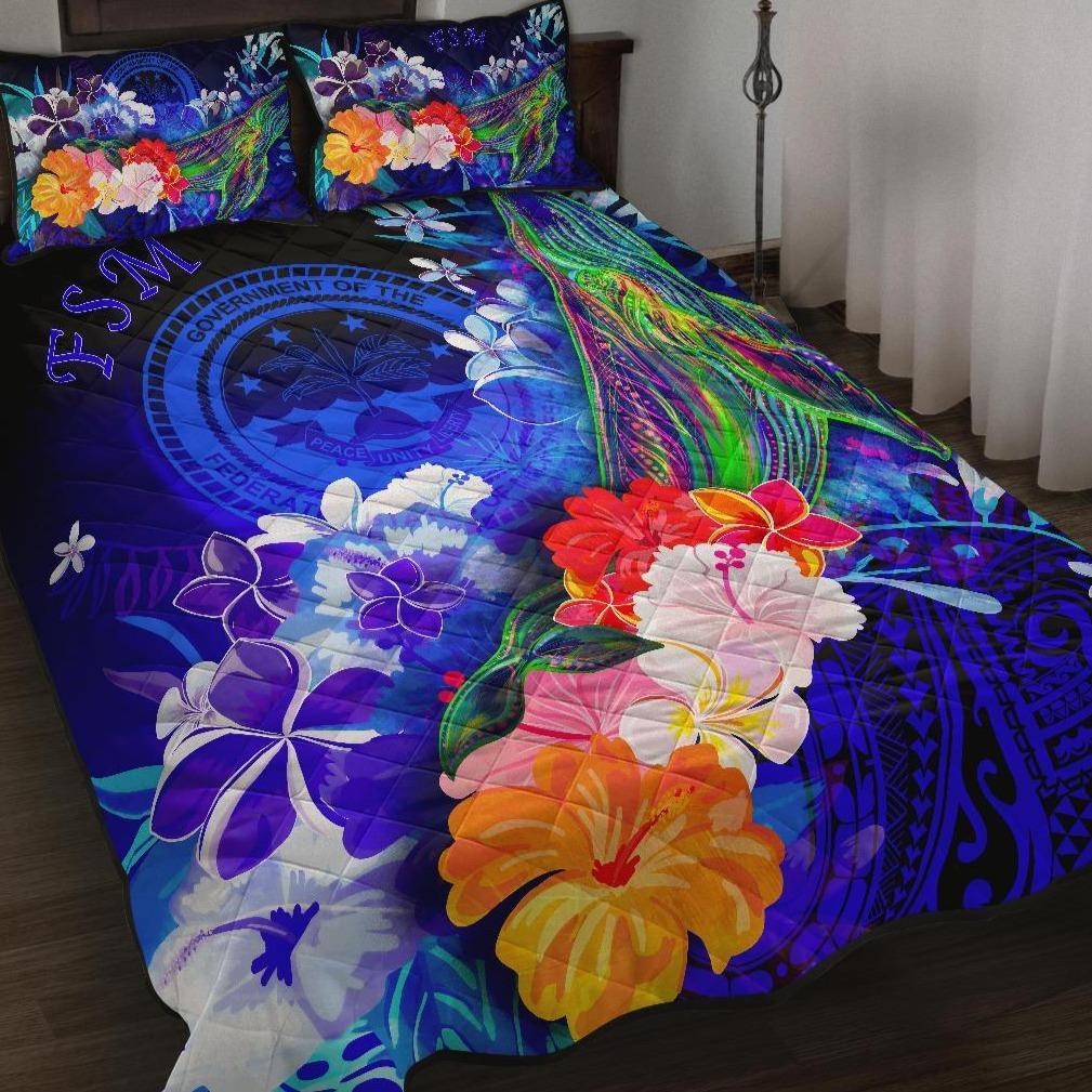 Federated States of Micronesia Quilt Bed Set – Humpback Whale with Tropical Flowers (Blue)- BN18