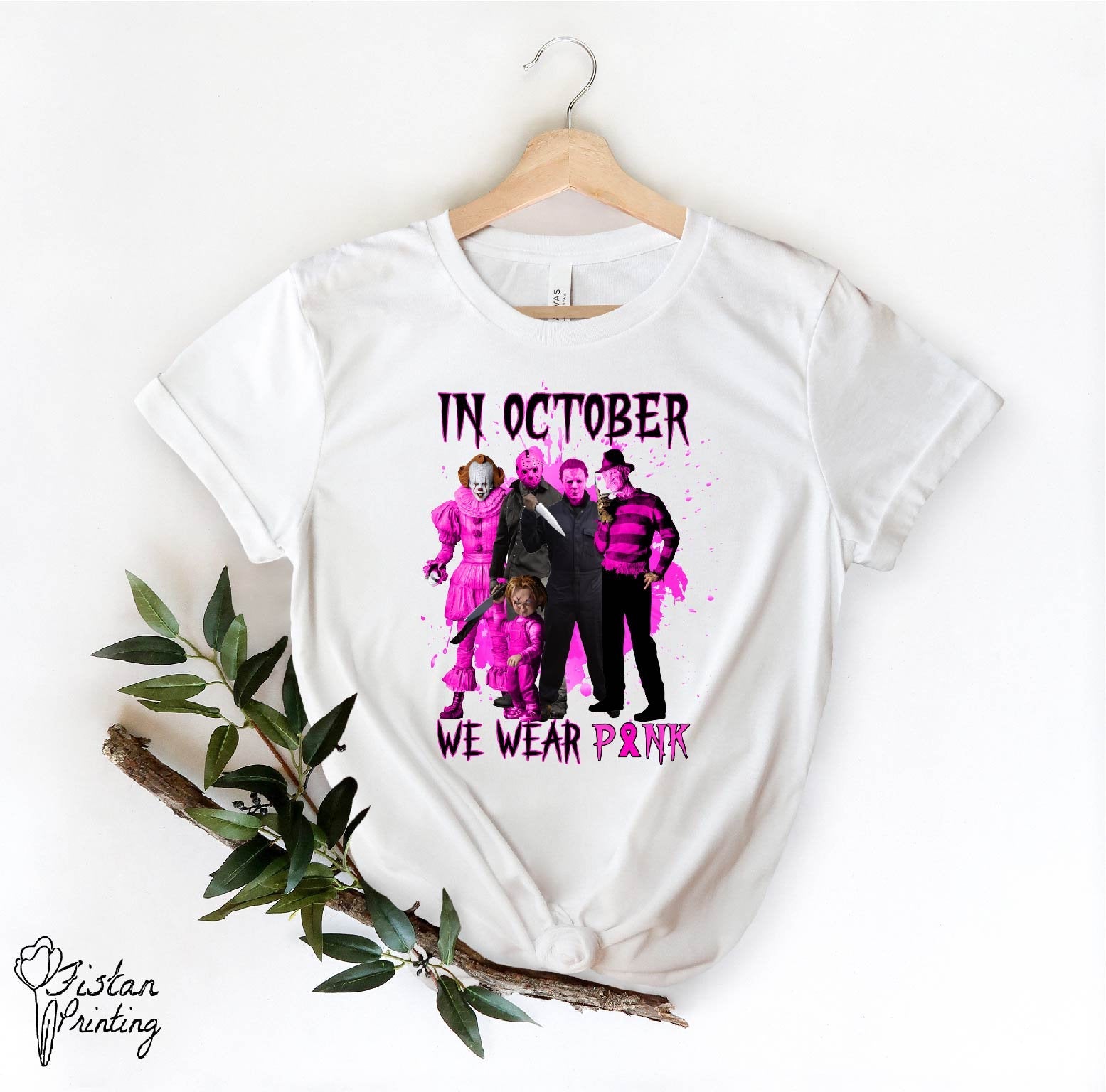 In October We Wear Pink Horror Friends Halloween Shirt,Funny Halloween Shirt,Halloween Shirt,Cancer Awareness Shirt,Cancer Survivor Shirt