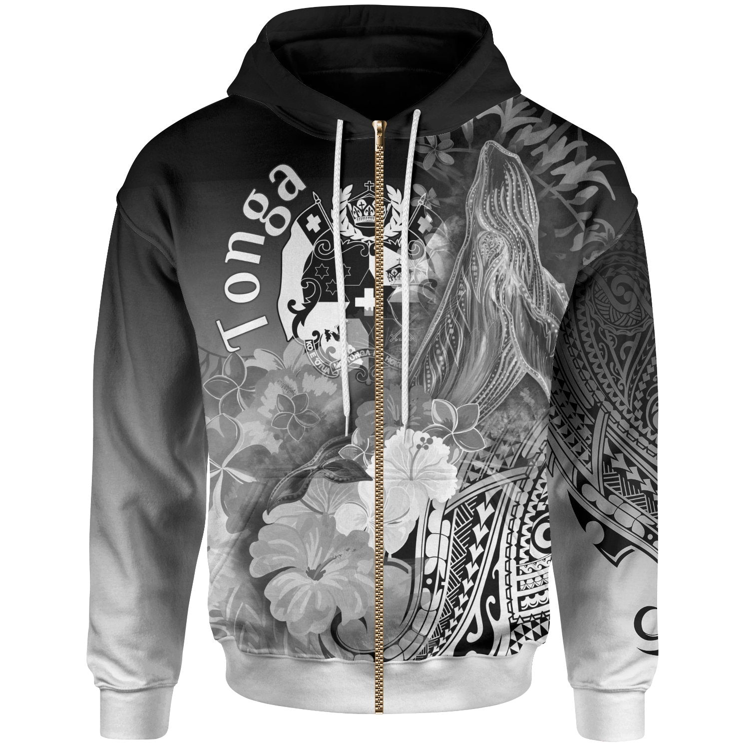 Tonga Zip-Up Hoodie – Humpback Whale With Tropical Flowers (White)