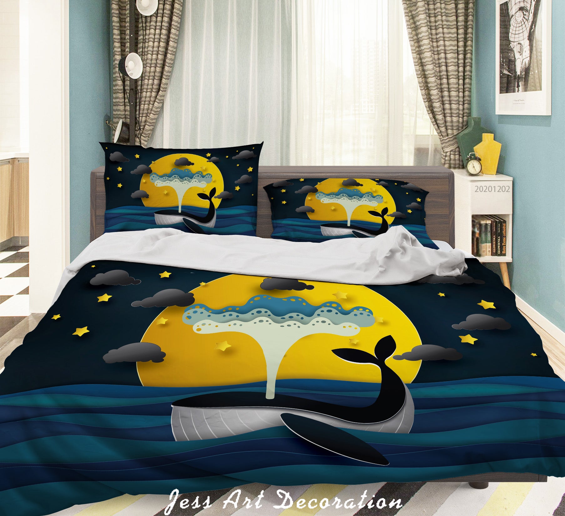 3D Cartoon Night Full Moon Star Cloud Ocean Whale Quilt Cover Set Bedding Set Duvet Cover Pillowcases Lxl