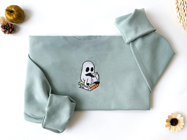 Ghost Book Embroidered Halloween Sweatshirt Crewneck Sweatshirt All Over Print Sweatshirt For Women Sweatshirt For Men Sws2617