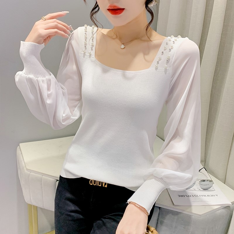 #6708 Chiffon Long Sleeve Pullover Sweater Women Knitwear Square Collar Pearls Sexy Skinny Knitted Sweater Female Thin Spring alx