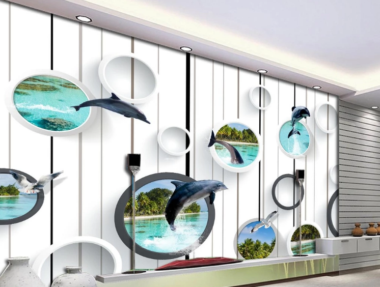 3D Circle Window Dolphin Line Wall Mural Wallpaper Sf526