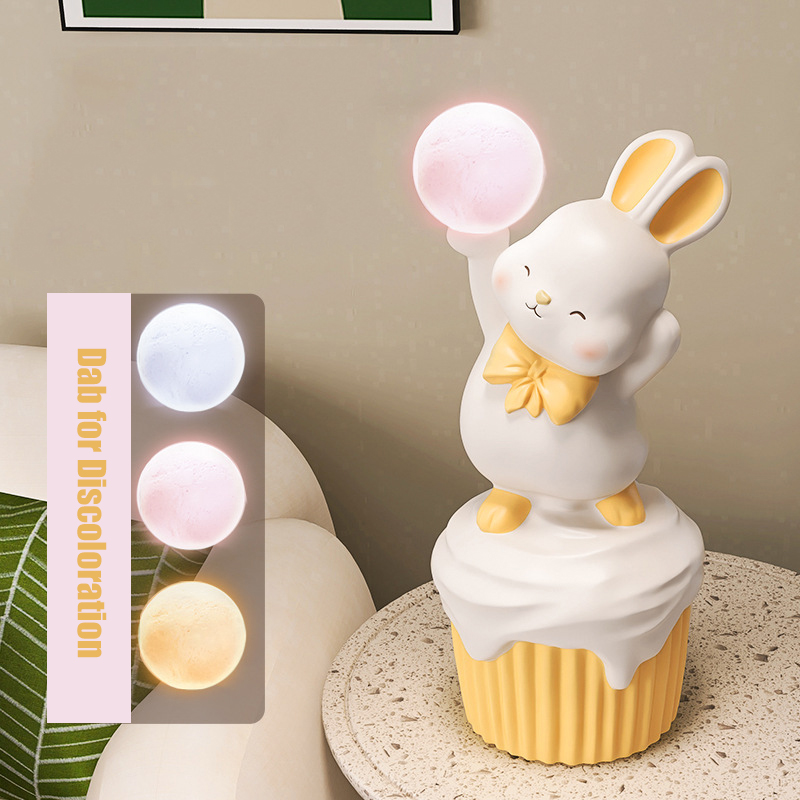 Pink Cute Rabbit Lamp Moon Desktop Decorative Nightlight Usb Charging Girl Bedroom Night Light Cupcake Bunny Led Resin Lampara alx