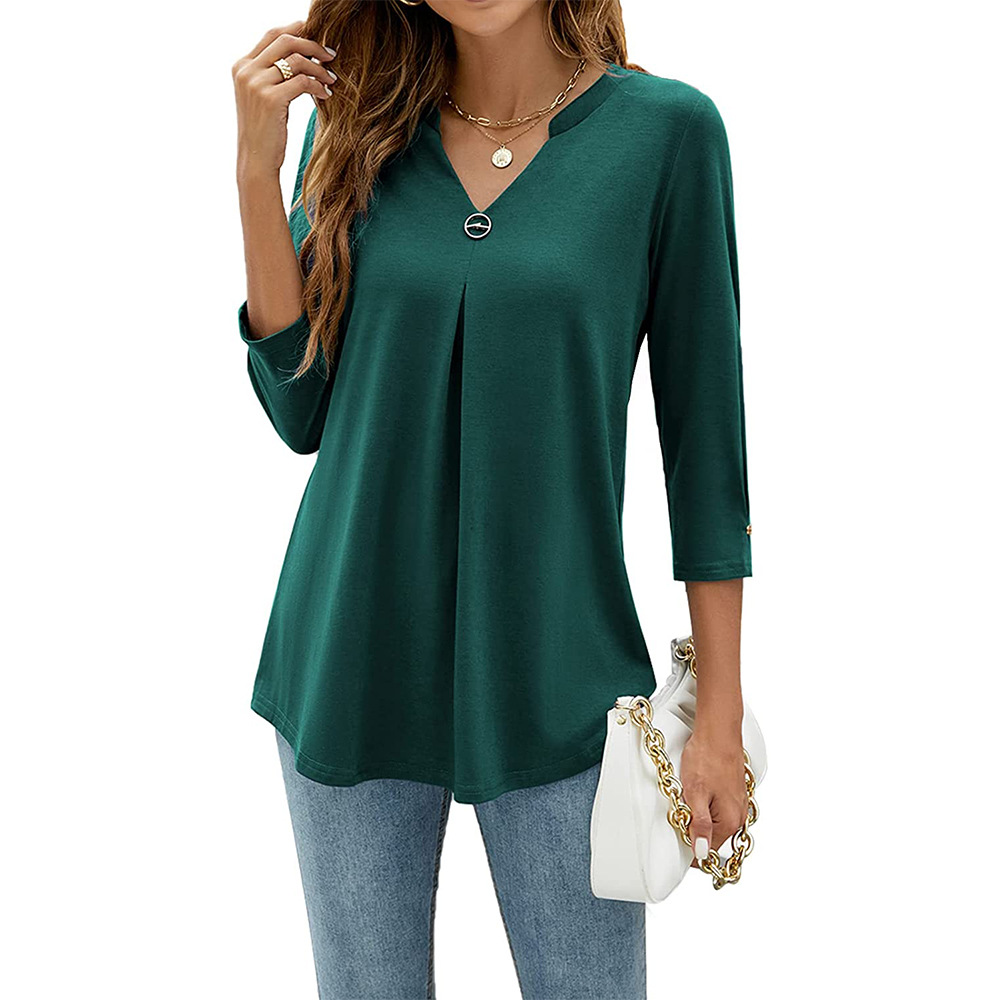 2022 Fall/Winter Women’s Clothing 3/4 Sleeve V Neck Studded Pleated T-Shirt Top Solid Color Loose Casual Pullover Fashion Shirts alx