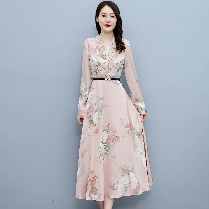 2022 Pink Floral Acetate Satin Casual Long Robe Women Fashion Elegant Chic Party Midi Dress Spring Autumn Bodycon Evening Dress alx