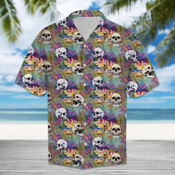 Vintage Skull Palm Leaves Tropical Print Polyester Hawaii Shirt Ha90168