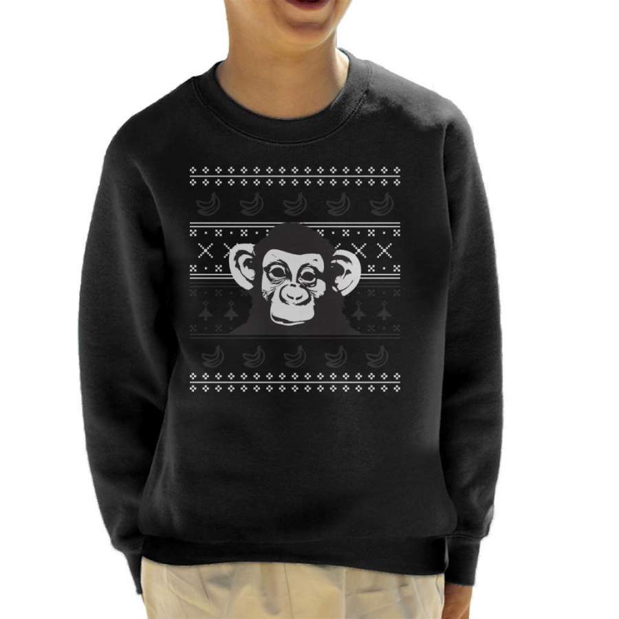 White Chimpanzee Monkey Banana Christmas Knit Kid’s Sweatshirt