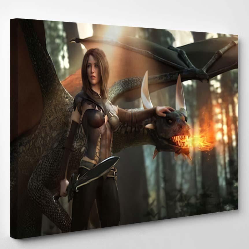 3D Illustration Beautiful Fantasy Woman Her – Dragon Animals Canvas Print