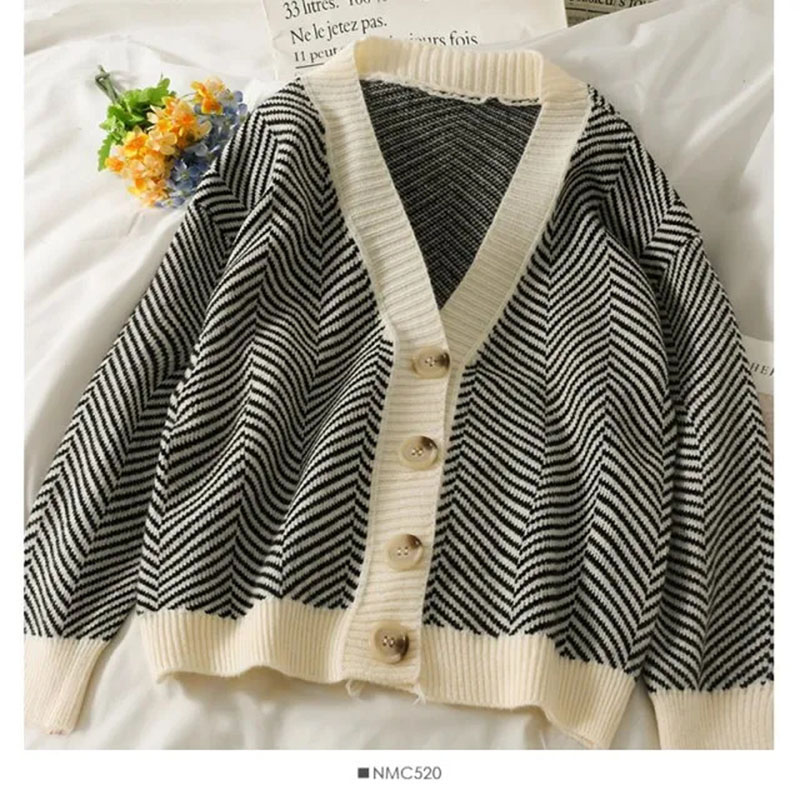 2021 Fall Striped Knitted Cardigans Sweater Women Vintage Korean Chic Long Sleeve Coat Fashion Streetwear Loose Female Tops alx