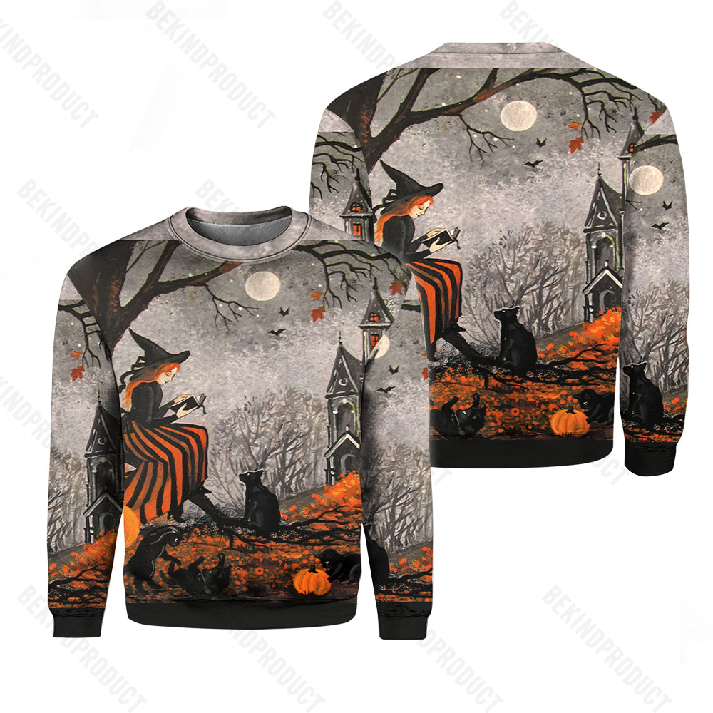 Halloween Witch Black Cat Crewneck Sweatshirt All Over Print Sweatshirt For Women Sweatshirt For Men