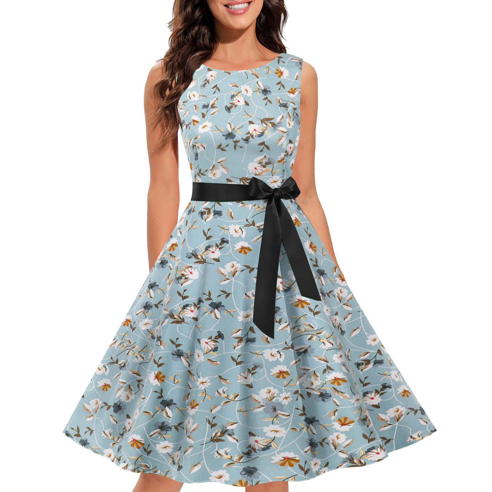 Women Floral Print sleeveless Dress High Waist Knee Casual Dresses alx