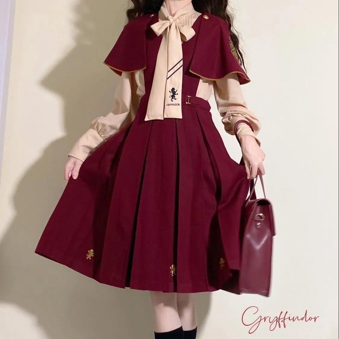 Autumn Suit Female Student Korean Loose Japanese Style Cloak Shawl + Bow Tie Shirt + Strap Dress Three-piece Suit Woman Dress alx