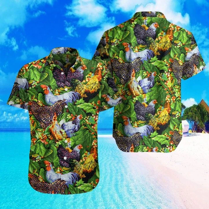 Farm Chicken In Garden Print Polyester Hawaii Shirt Ha62964