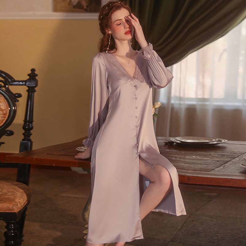 V-neck ice silk long Robe Night Dress Women Sleepwear Sexy Nightgown Sleepwear Women solid color pajamas French home wear alx