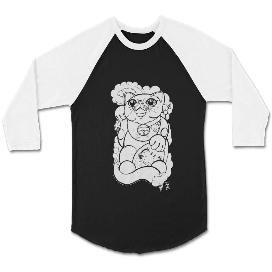 Maneki Neko Japanese Tattoo Daruma Lucky Cat Kitten Doll CPY Unisex 3/4 Sleeve Baseball Tee T-Shirt