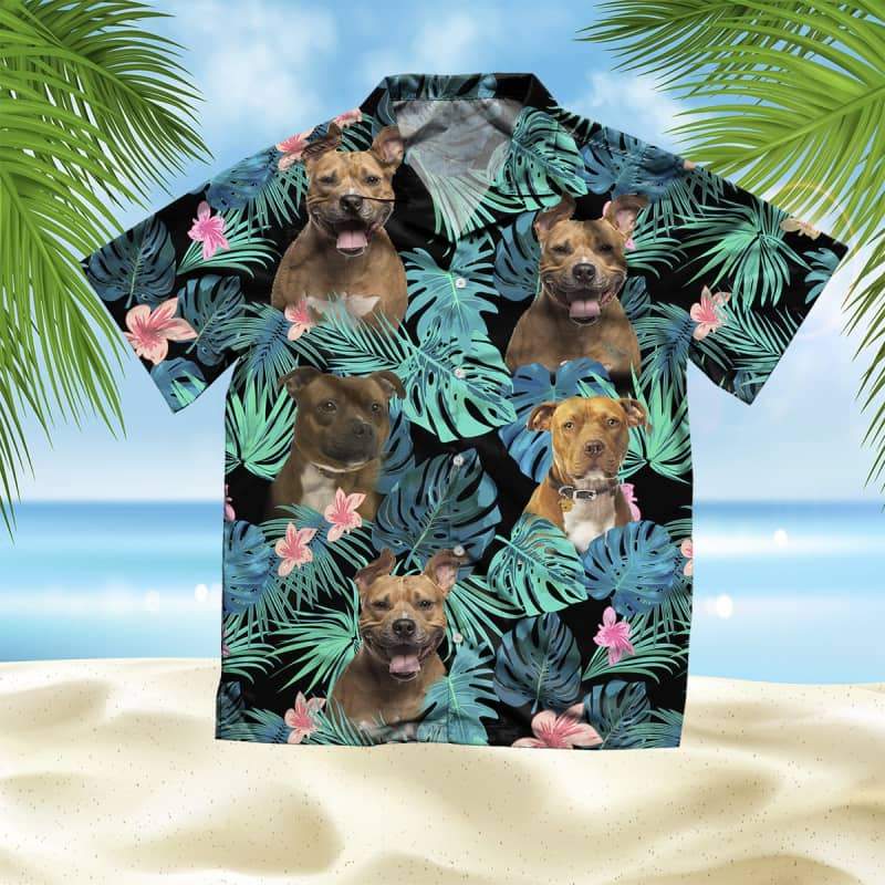 American Staffordshire Terrier Hawaiian Shirt, Dog Summer Leaves Hawaiian Shirt, Unisex Print Aloha Short Sleeve Casual Shirt