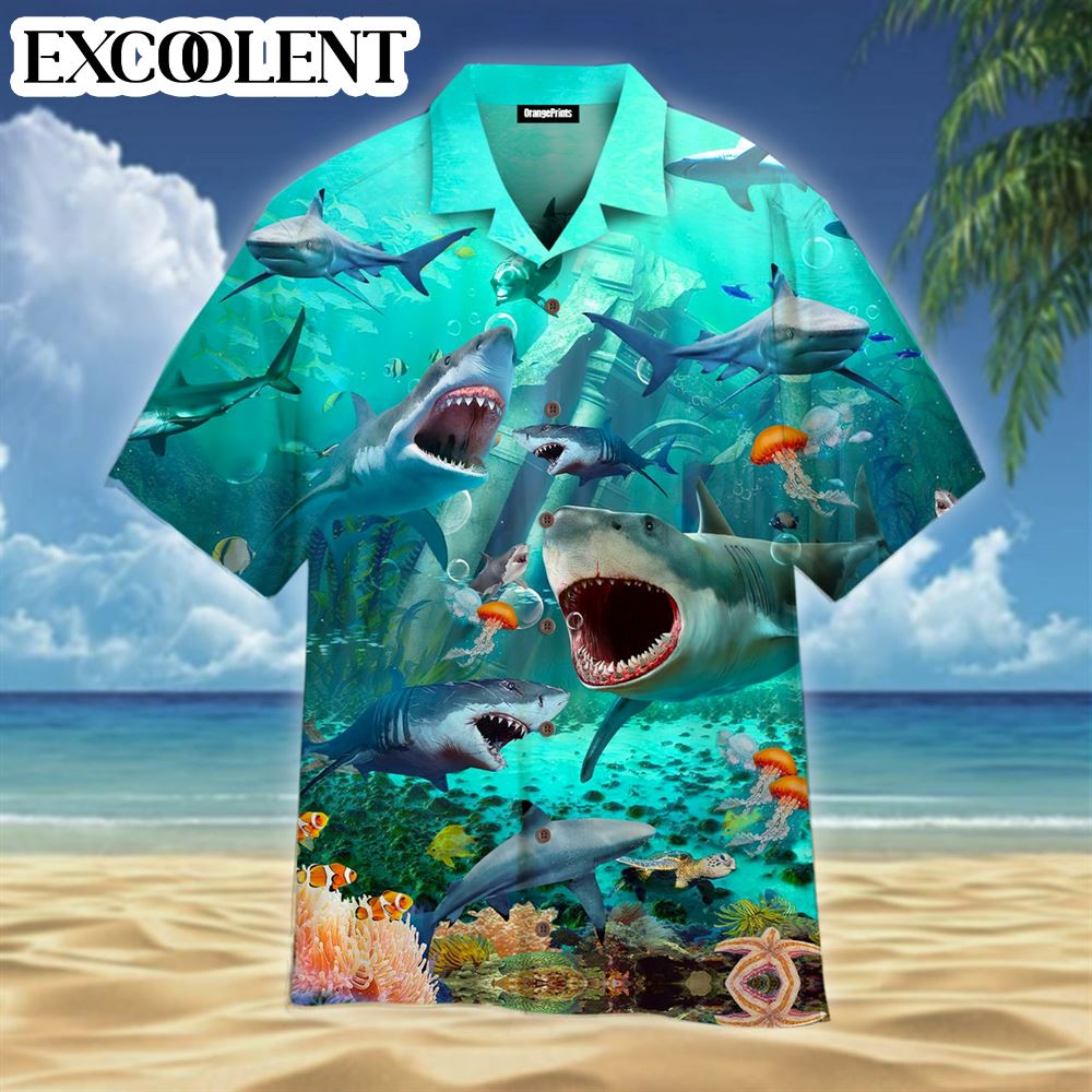 Shark War Undersea Aloha Hawaiian Shirts – Funny Hawaiian Shirts – Mens Aloha Shirt