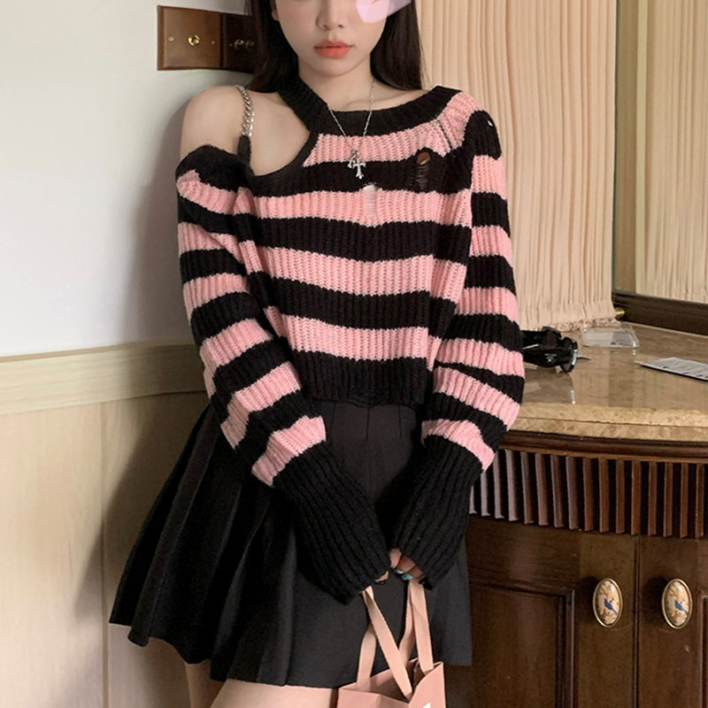 Y2k Girl Hollow Off Shoulder Chain Pullover Sweater Female Sweet Pink Striped Short Length Sweaters 2022 Autumn Knitted Crop Top alx