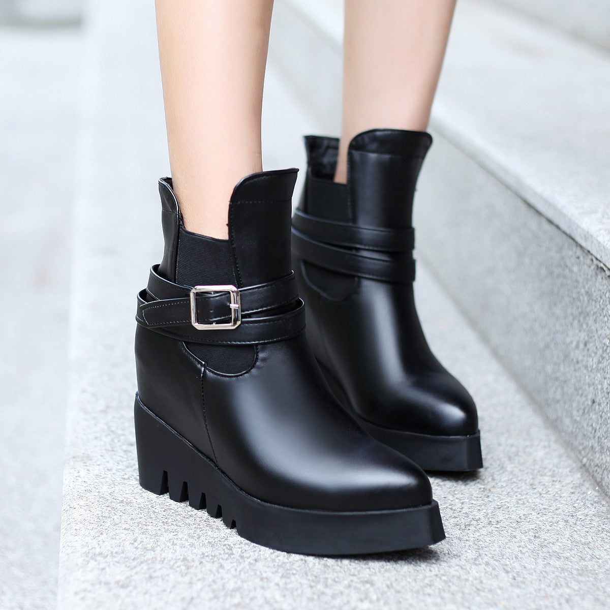 Black Buckle Ankle Boots Women Shoes Fall|Winter 11191501